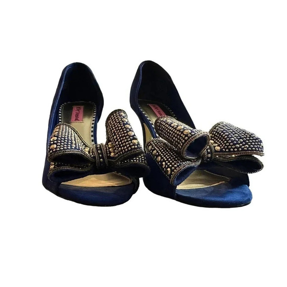 Betsey Johnson Glendah Women's Blue Peep Toe Gold Studded Wedding Heels Size 10M - Picture 7 of 9